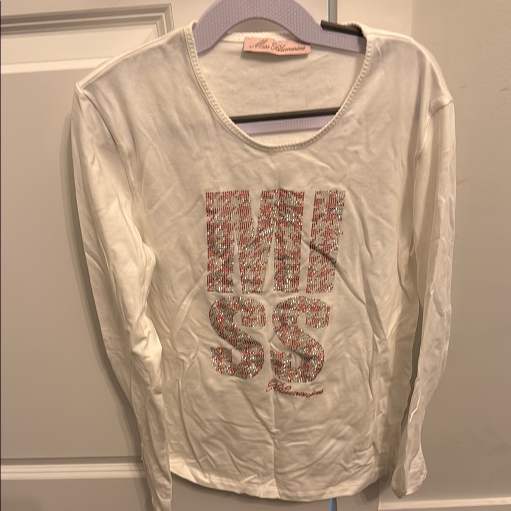 MISS BLUARINE SIZE 12 White Long Sleeve Top with Glittery Pink Design